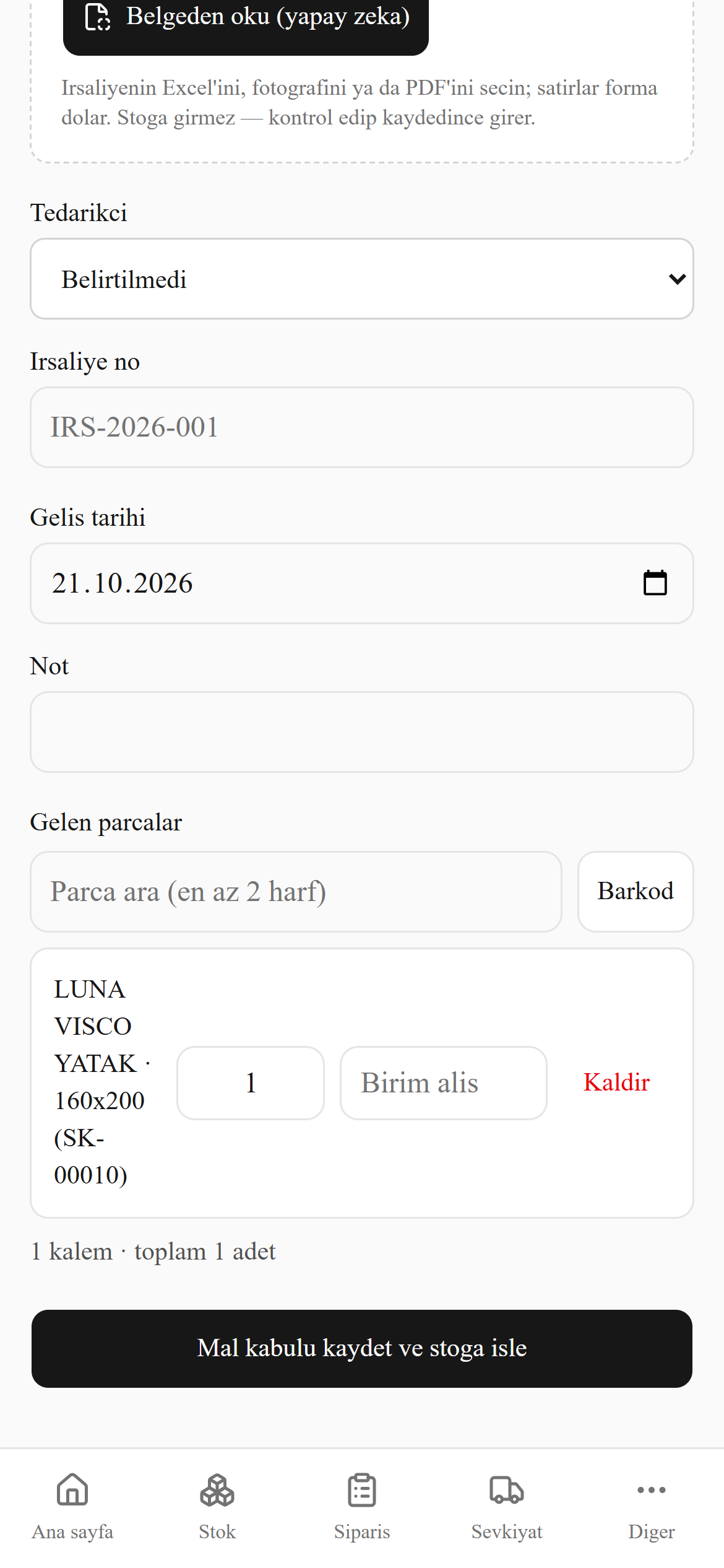 Telefonda mal kabul ekranı: irsaliye bilgileri ve barkodla eklenen parça