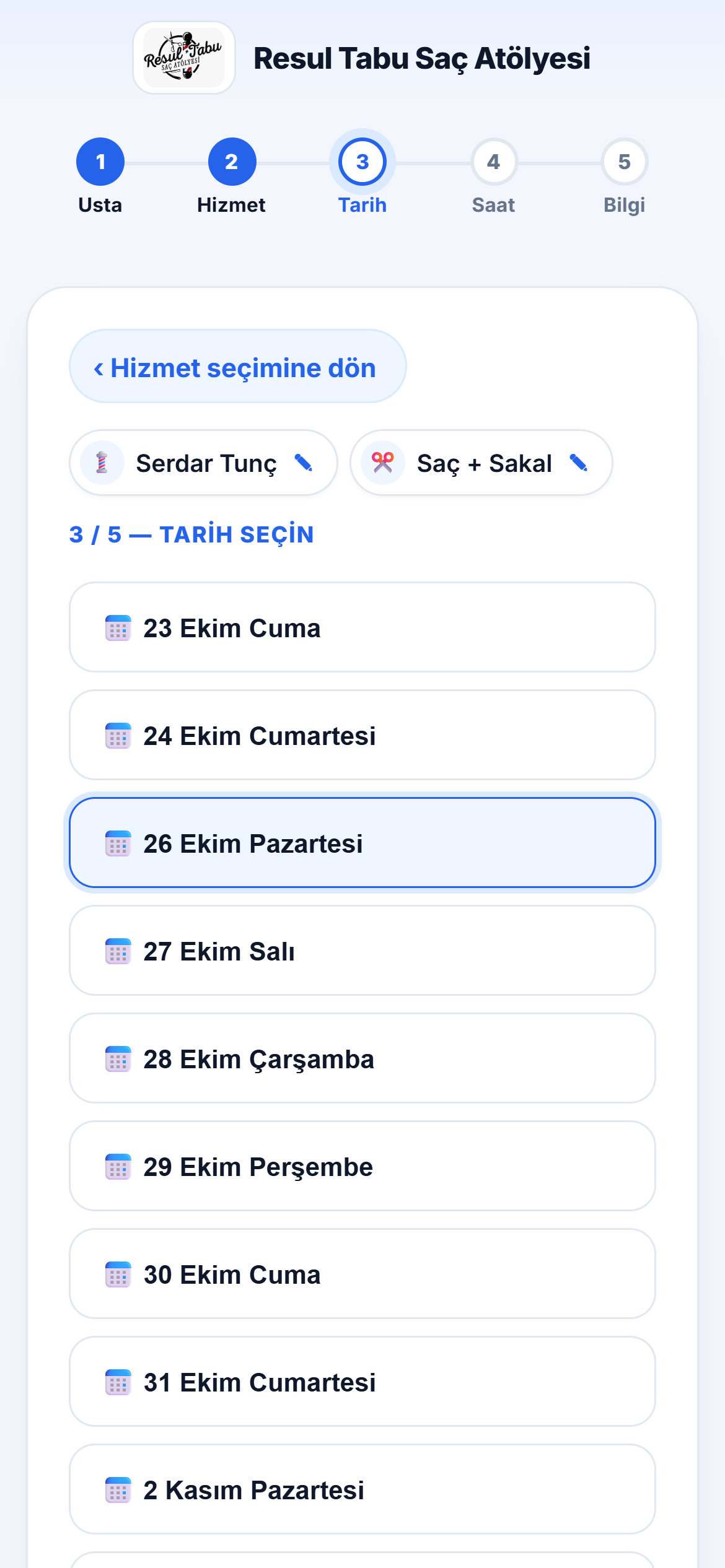 Tarih seçim ekranı: günler listesi, biri seçili