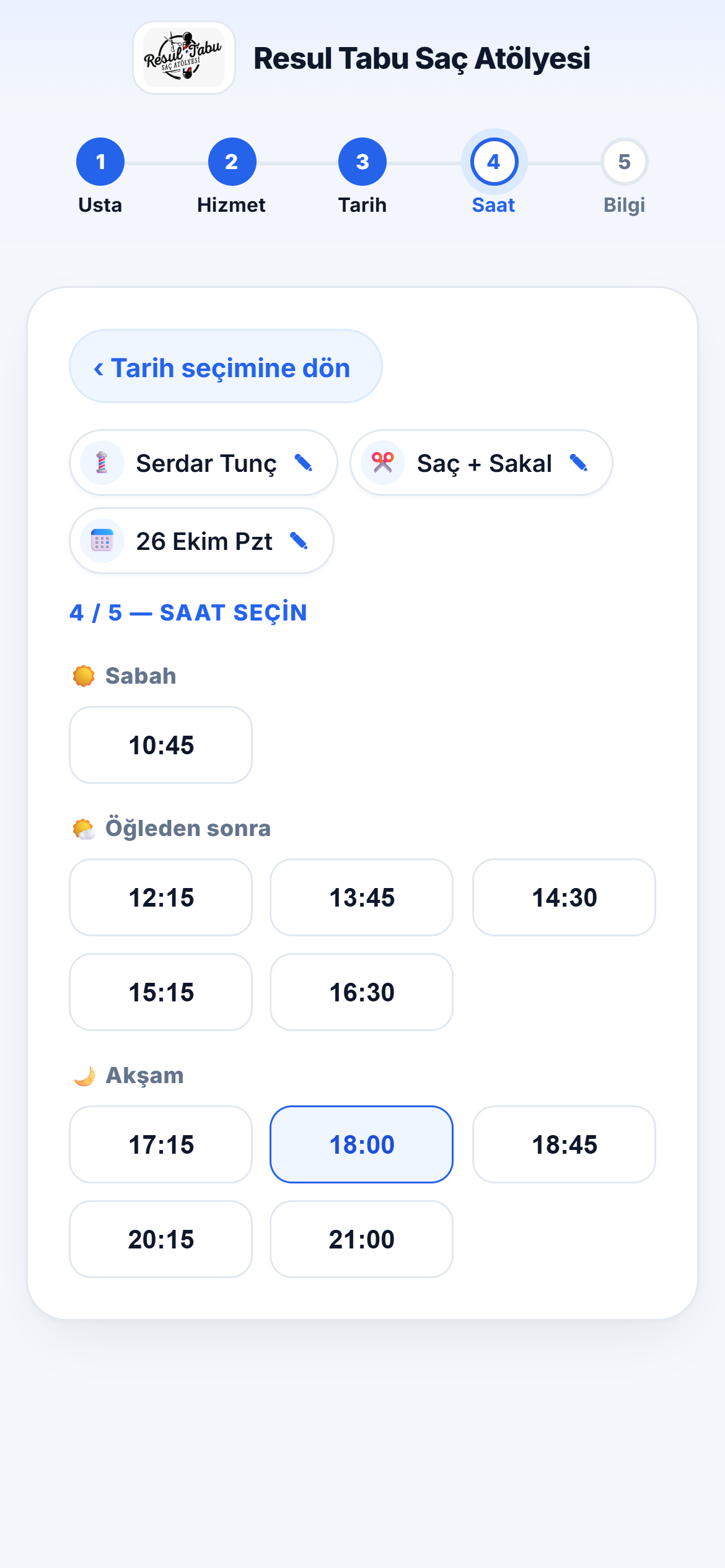 Saat seçim ekranı: sabah, öğleden sonra ve akşam boş saatleri