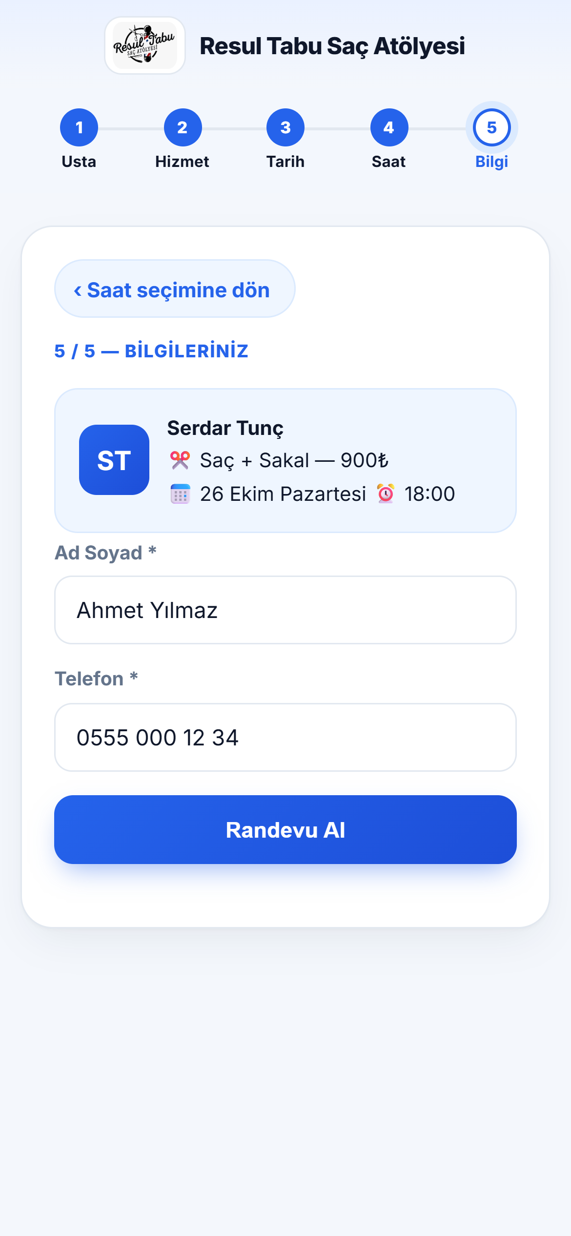 Bilgi ekranı: randevu özeti, ad soyad ve telefon alanları, Randevu Al düğmesi