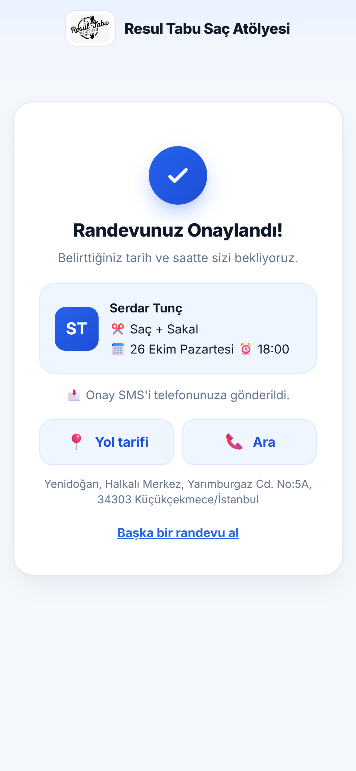 Randevu onaylandı ekranı: usta, hizmet, tarih ve saat özeti